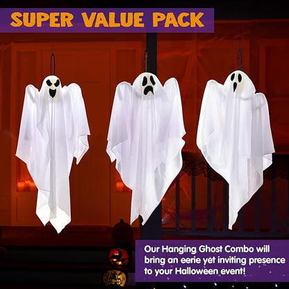 JOYIN 3 PCS Halloween Party Decoration 27.5" Hanging Ghosts, Cute Flying Ghost for Front Yard Patio Lawn Garden Party Décor and Holiday Decorations