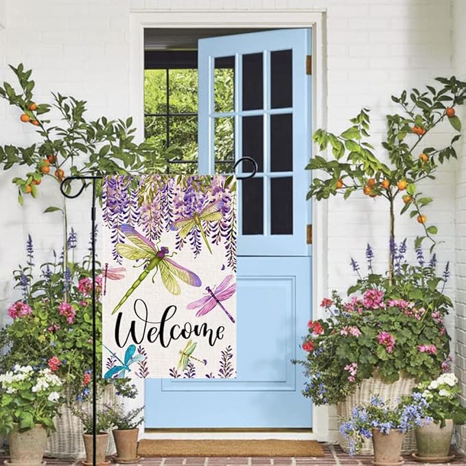 Baccessor Spring Summer Flower Garden Flag Wisteria Dragonfly Floral Welcome Small Yard Flag Burlap Double Sided Vertical Seasonal Farmhouse Wedding Outside Outdoor Decoration 12.5x18 Inch