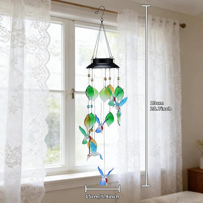 Colorful Hummingbird Wind Chimes with Solar-Powered Flashing Lights, 13 Inch Colorful Shell Hanging Decor for Outdoor Garden Patio Yard Home Indoor Outdoor Wall Window Decor