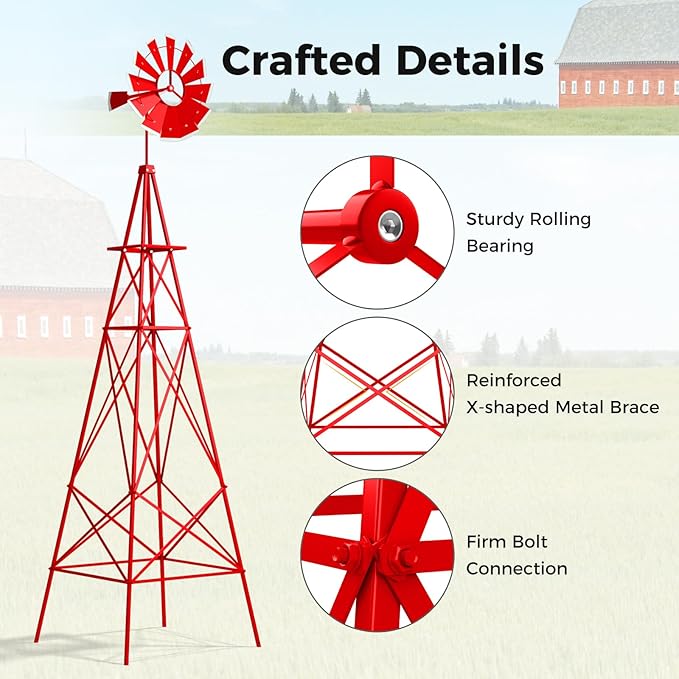 DREAMADE 8ft Steel Windmill, Farmhouse Windmill Decoration with Directional Vane, 4 Anchoring Stakes & Reinforced Base, Weather-Ready Garden Spinner for Backyard, Garden, Patios, Rural Areas (Red)
