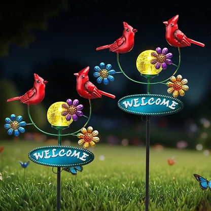 Solar Garden Stakes Metal Welcome Signs for Outside 29.5', 2 Flying Cardinals with Cracked Glass Ball,Decorative Garden Stakes for Lawn, Patio, Cardinal Gifts for Women