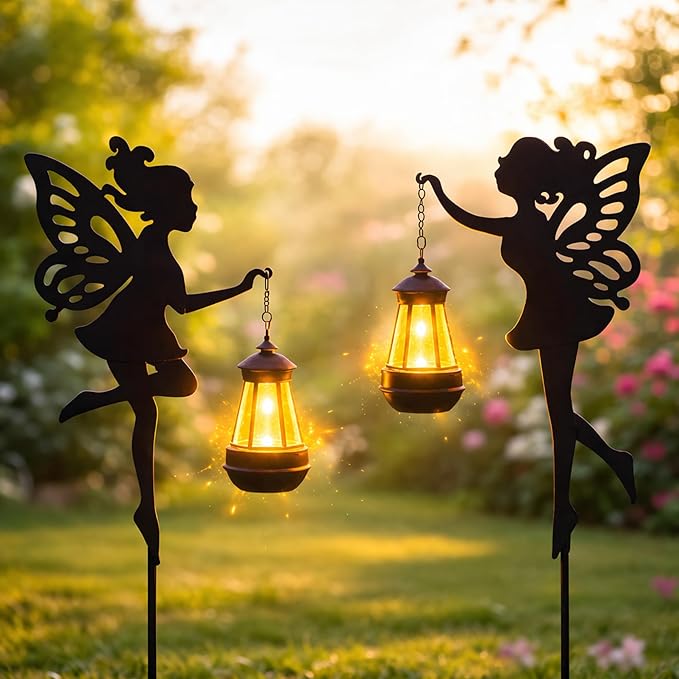 Solar Fairy Garden Accessories Outdoor 1 Pair - Metal Stakes Decorative Figurines Housewarming Ornament for Patio, Lawn, Yard, Pathway - Unique Gift Ideas for Gardening Mom Grandma (Warm Lighting)
