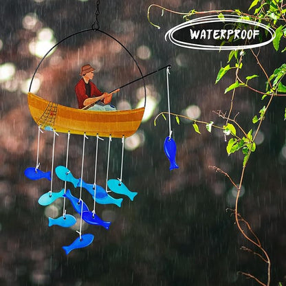 X-PREK 21" Fish Wind Chimes for Outside, Blue Sea Glass Wind Chimes Garden Decor, Windchimes Outdoors Suncatcher Gift for Women, Mom, Grandma, Unisex