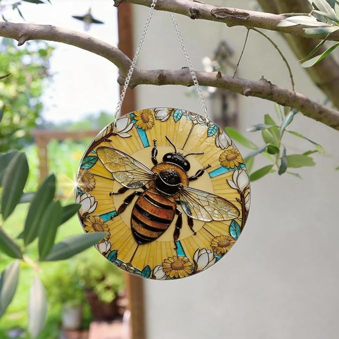 Bees Acrylic Suncatcher for Window Hanging, Indoor Window Wall Art, Hand-Painted Sun Catcher Garden Hangings, Mother's Day Birthday Gifts for Women Friends Mom and Nana
