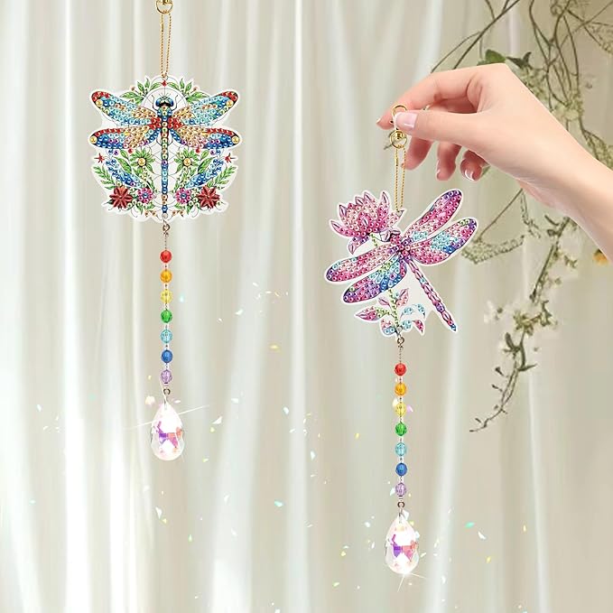MVVMTOP 2pcs Diamond Art Painting Wind Chime with Crystal Pendant, DIY Dragonfly Double-Sided Design Special Shape Acrylic Crystal Diamond Art Ornament, Home Window Garden Hanging Pendant Decoration