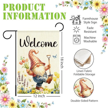 Gnome Spring Garden Flags for Outside,Welcome Spring Garden Flag Yard Lawn Porch Flags for Outdoor Decorations 12x18 Inch Double Sided