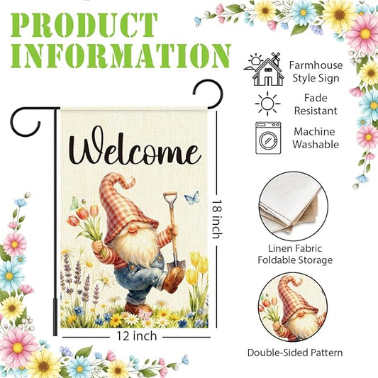 Gnome Spring Garden Flags for Outside,Welcome Spring Garden Flag Yard Lawn Porch Flags for Outdoor Decorations 12x18 Inch Double Sided