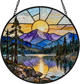 Rustic Lake Mountain Sunset Stained Glass Window Hanging, Nature Forest Lake Scenic Landscape Suncatcher Indoor Window Glass Round Wall Art Decor, 7.9x7.9 Inch