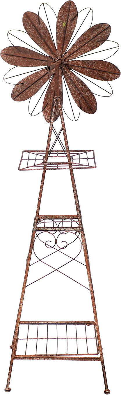 Sunnydaze 51-Inch Rustic Windmill Metal Garden Statue with Tiers - Yard Art, Lawn and Garden Sculpture Decor - Brown/Copper