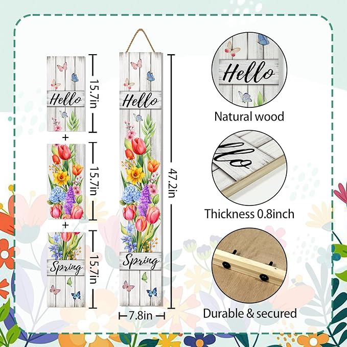 Hello Spring Porch Sign Tulip Butterflies Welcome Sign Rustic Vertical Standing Sign For Front Porch Decor Farmhouse Hanging Wall Sign for Patio Yard Party Indoor Outdoor Decoration 47.2"H