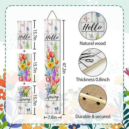 Hello Spring Porch Sign Tulip Butterflies Welcome Sign Rustic Vertical Standing Sign For Front Porch Decor Farmhouse Hanging Wall Sign for Patio Yard Party Indoor Outdoor Decoration 47.2"H