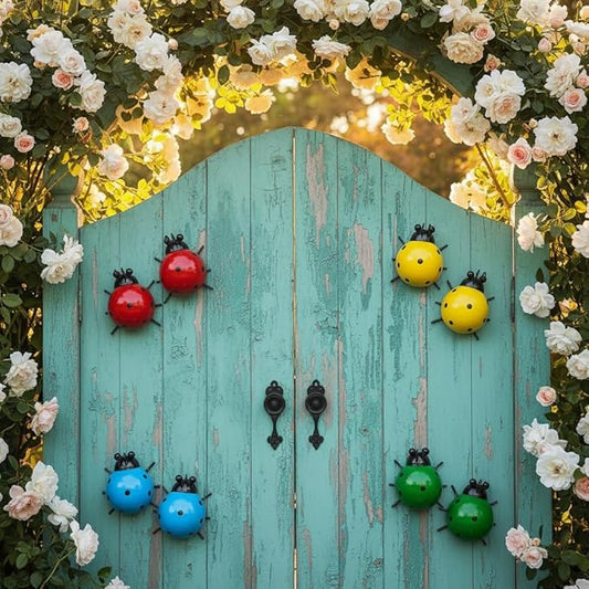 Cruis Cuka Cute Colorful Ladybug Metal Garden Decor, Set of 8 (4 Colors*2) Outdoor Yard Art, Lawn Ornaments, Fence & Patio Wall Sculptures, for Mom, Housewarming