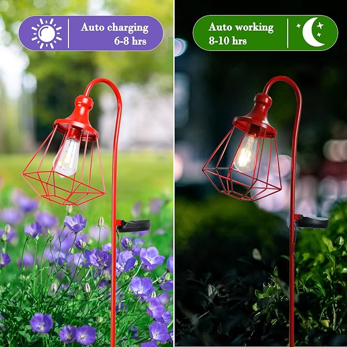 Solar Lights Outdoor Decorative Solar Retro Metal Lantern Yard Stake Decorative Path Light for Walkway Pathway Lawn Patio Yard Decorations Red 2 Pack