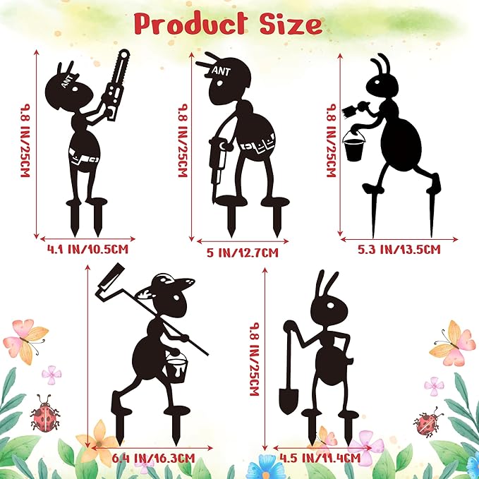 CUweipeng Metal Garden Stakes Decorative - 5 Pcs Funny Working Farm Ant Garden Decor Black Metal Humor Art Yard Stake Animal Outdoor Decoration for Pathway Lawn Garden Backyard Birthday Gift Party #A