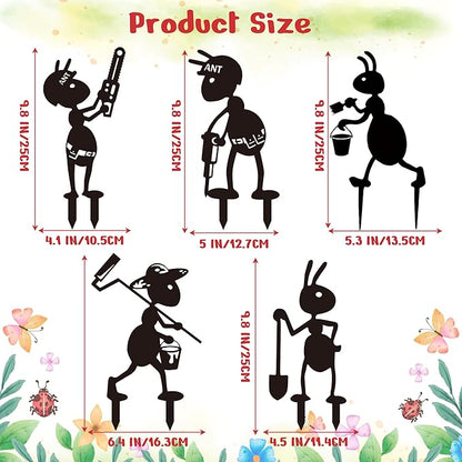 CUweipeng Metal Garden Stakes Decorative - 5 Pcs Funny Working Farm Ant Garden Decor Black Metal Humor Art Yard Stake Animal Outdoor Decoration for Pathway Lawn Garden Backyard Birthday Gift Party #A