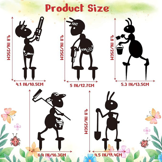 CUweipeng Metal Garden Stakes Decorative - 5 Pcs Funny Working Farm Ant Garden Decor Black Metal Humor Art Yard Stake Animal Outdoor Decoration for Pathway Lawn Garden Backyard Birthday Gift Party #A