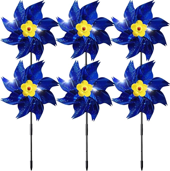 Sparkly Reflective Pinwheels with Stakes, Wind Spinners Outdoor Bird Scare Devices, Foil Pin Wheel Holographic Whirl Windmill for Yard Garden Decor Garden Wind Spinner 6 Packs - Blue