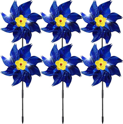 Sparkly Reflective Pinwheels with Stakes, Wind Spinners Outdoor Bird Scare Devices, Foil Pin Wheel Holographic Whirl Windmill for Yard Garden Decor Garden Wind Spinner 6 Packs - Blue