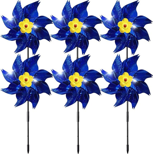 Sparkly Reflective Pinwheels with Stakes, Wind Spinners Outdoor Bird Scare Devices, Foil Pin Wheel Holographic Whirl Windmill for Yard Garden Decor Garden Wind Spinner 6 Packs - Blue