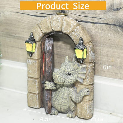 SHOWFEICAT Dragon Garden Ornament Resin Craft Ornament Statue Fairy Door Yard Art Outdoor and Garden Solar Light Luminous Sand Open Door Dragon Wall Statue Outdoors Decor (Open The Door)