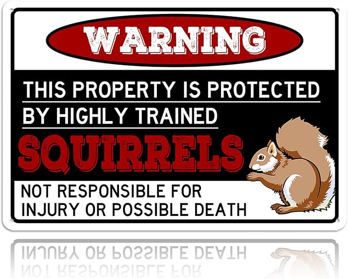 Squirrel Funny Metal Tin Signs for Yard Garden Decor - Warning Property Is Protected Signs Squirrel Gifts Decorations 8x12 Inch
