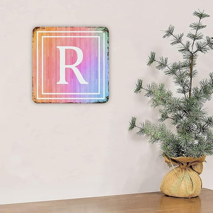 Alphabet Monogram Initial Letter R Retro Durable Aluminum Tin Metal Signs Funny Chic Farmhouse Vintage Welcome Sign for Front Door Fence Gate Home Decor Wall Art Signs 10x10 Inch