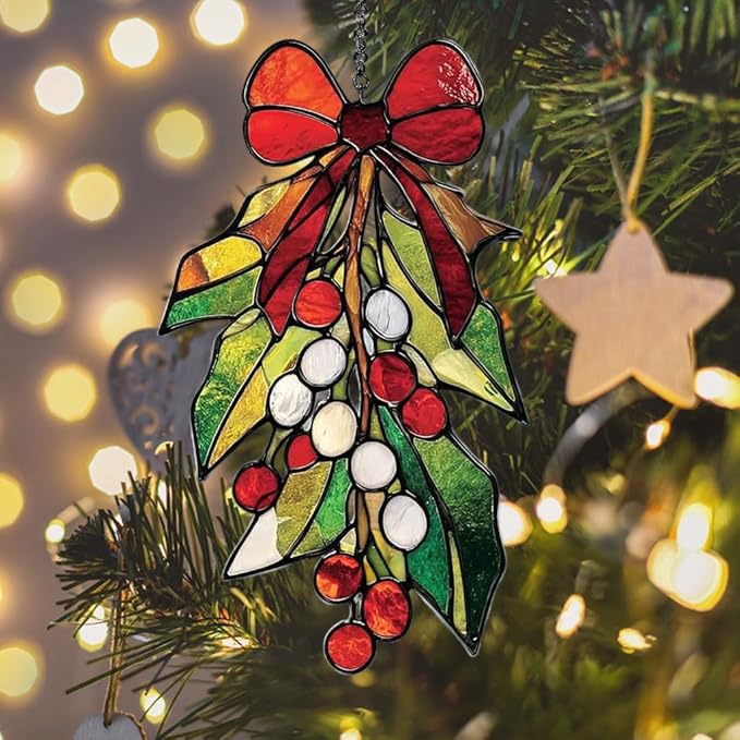 Mosaic Christmas Mistletoe Knot Acrylic Suncatcher Stained Glass Effect Window Car Hanging Christmas Ornament Indoor Outdoor Decor Garden Sun Catcher Panel for Women Mom Grandma