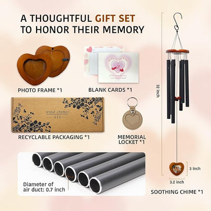 Memorial Wind Chimes with Wooden Photo Frame, 32 Inch Sympathy Windchime Outdoors for Loss of Loved One, Personalized Berevement/Memorial Gifts for Loss of Mother, Father, Husband, Friend, Pet