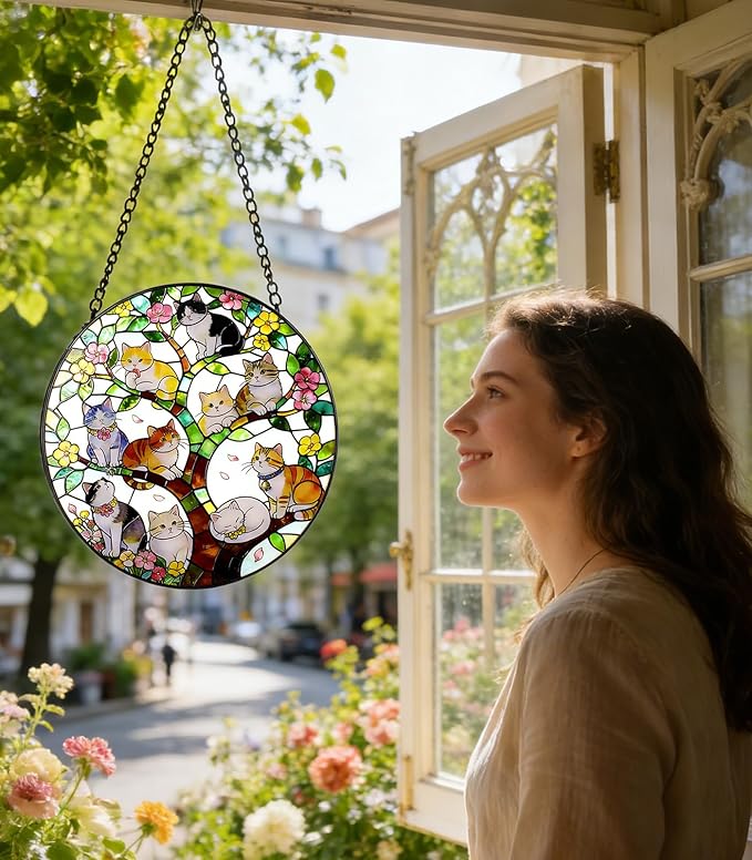Stained Glass Window Hanging - A Few Kittens in Colorful Tree of Life on a Branch Suncatcher for Doors Home Decoration and Christmas, Mother's Day Birthday for Women Men Mom 9.8 * 9.8 inch