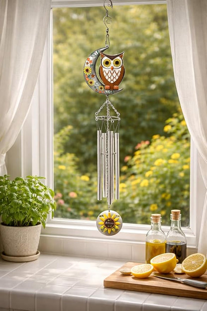 Owl Wind Chimes with Sunflower Welcome Medallion – Decorative Outdoor Hanging Windchime – Enameled Owl with Stars, Leaves & Moon – Garden Porch Patio Décor – 24" Hanging Length