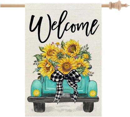 CROWNED BEAUTY Summer House Flag Sunflowers Truck 28x40 Inch Double Sided Large Burlap Holiday Flag for Outside Yard Welcome CF1493-40