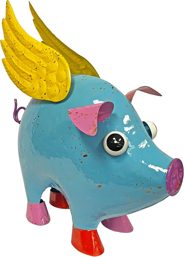 Colorful Enameled Metal Flying Pig Statue - Blue, Patio and Lawn Outdoor Garden Decor, Indoor Home Decoration, Yard Art, Farm Animal Sculpture