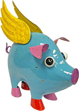 Colorful Enameled Metal Flying Pig Statue - Blue, Patio and Lawn Outdoor Garden Decor, Indoor Home Decoration, Yard Art, Farm Animal Sculpture