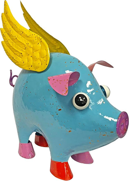 Colorful Enameled Metal Flying Pig Statue - Blue, Patio and Lawn Outdoor Garden Decor, Indoor Home Decoration, Yard Art, Farm Animal Sculpture