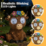 Solar Garden Statue with LED Lights, Dynamic Blinking Lights and Flowers, Outdoor Garden Figurine for Patio Porch Lawn Backyard Decor, Housewarming Gifts for Women (Highland Cow)