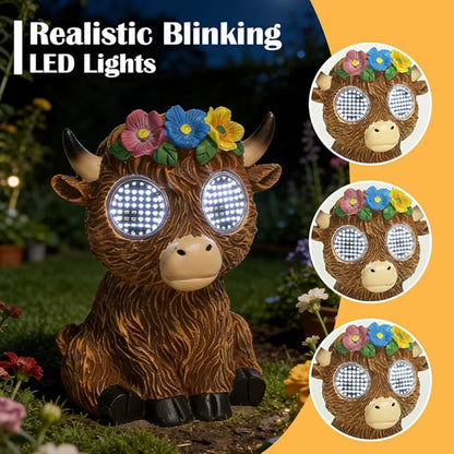 Solar Garden Statue with LED Lights, Dynamic Blinking Lights and Flowers, Outdoor Garden Figurine for Patio Porch Lawn Backyard Decor, Housewarming Gifts for Women (Highland Cow)