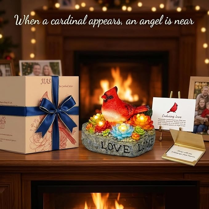 Solar Cardinal Memorial Statue, When Cardinals Appear Angels are Near Red Bird with Glowing Succulents, Sympathy Gifts for Loss of Loved One, Garden Decor