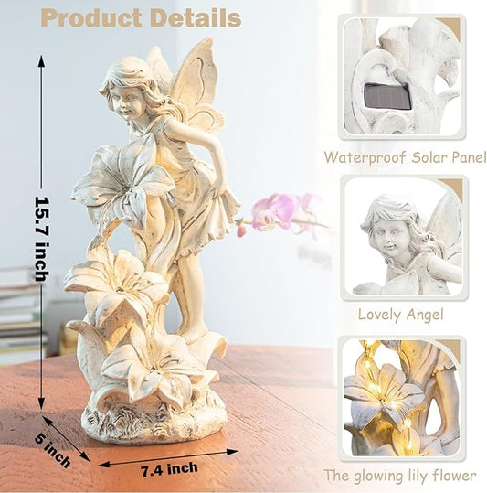 Angel Garden Statue Outdoor, Solar Powered Resin Garden Sculptures Fairy Angel Statues Waterproof LED Lights Yard Art Decorations for Outside Patio Lawn Ornament Gardening Gifts