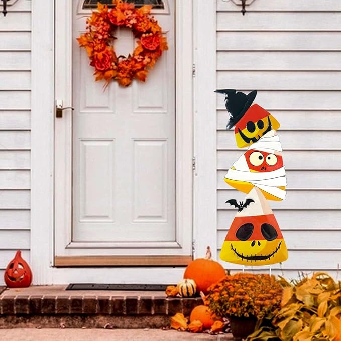 3 Packs Halloween Garden Stakes, Stacked Metal Candy Corn Lawn Decor, Halloween Decorative 3D Yard Signs Stake for Outdoor Front Garden Pathway Decorations