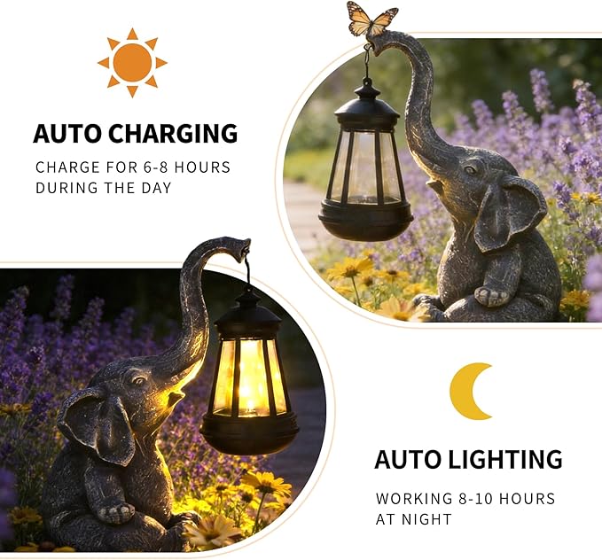 Solar Elephant Statue Outdoor Garden Decor - 10" Resin Elephant Figurine with Hanging Solar Lantern, Waterproof Patio Yard Art, Lucky Elephant Gifts for Women Mom Housewarming