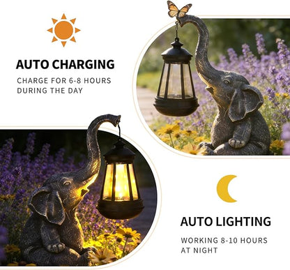 Solar Elephant Statue Outdoor Garden Decor - 10" Resin Elephant Figurine with Hanging Solar Lantern, Waterproof Patio Yard Art, Lucky Elephant Gifts for Women Mom Housewarming