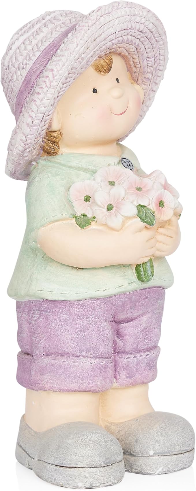 Alpine Corporation QWR1458 Outdoor Little Boy with Flowers Garden Statue, Playful Child Statue for Yard, 16" H, Purple