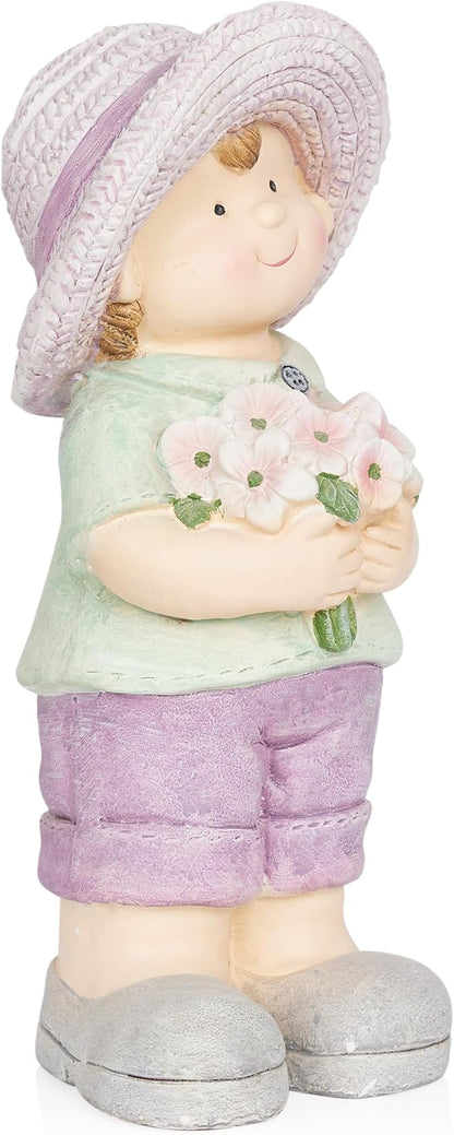Alpine Corporation QWR1458 Outdoor Little Boy with Flowers Garden Statue, Playful Child Statue for Yard, 16" H, Purple