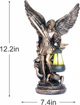Solar San Miguel Arcangel Outdoor Garden Decor Statues 12.4" Solar St Michael the Archangel Satue for Yard Patio Lawn Porch Decorations Resin St Michael Figurine Religious Collection Sculptures Gifts