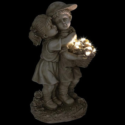 Northlight Solar Lighted Hugging Girl and Boy Outdoor Garden Statue - 16"