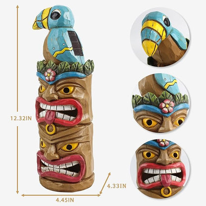 Tiki Statue Totem Pole Decor- 12.32 inch Tall Solar Powered Garden Figurine Tiki Decorations for Tiki Bar Outdoor Patio Balcony Lawn Yard Backyard