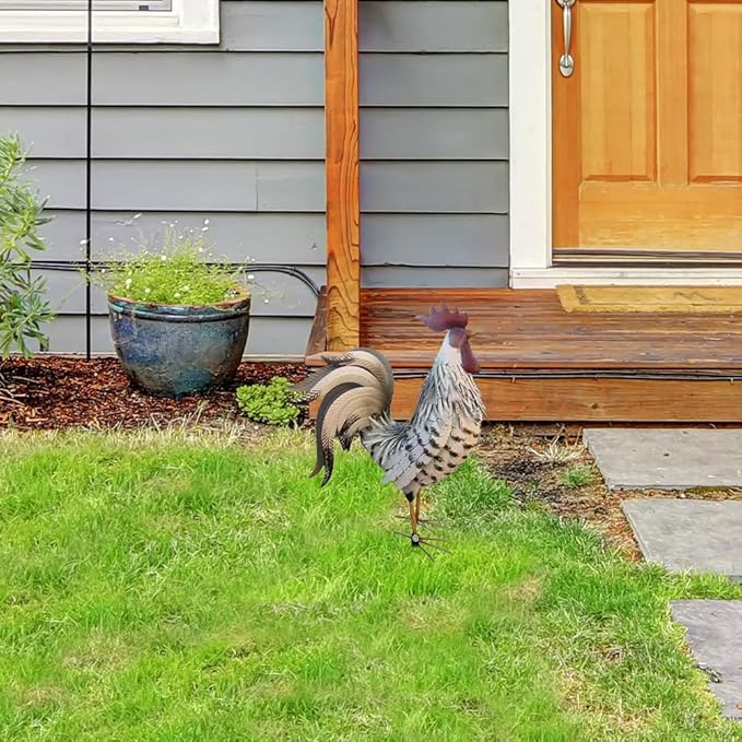 Rooster Garden Statue,12 in 2D Graphic Design Metal Rooster Decor Garden Statue with Stakes,Standing Small Metal Chicken Yard Decor Figurines,Patio Backyard Lawn Home Chicken Sculpture(Not 3D)