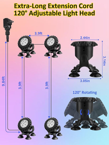 T-SUN Colored Pond Lights with Timer,LED Underwater Pond Light Submersible Fountain Lights for Fish Tank Landscape Spotlight-Remote Control, IP68 Waterproof, Aquarium, Yard (4 Heads)