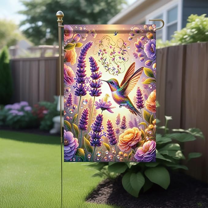 Hummingbird Garden Flag 12x18 Inch Double-Sided Floral Yard Banner Outdoor Spring Summer Decoration Colorful Lavender Flowers Butterflies Yard Outdoor Flag