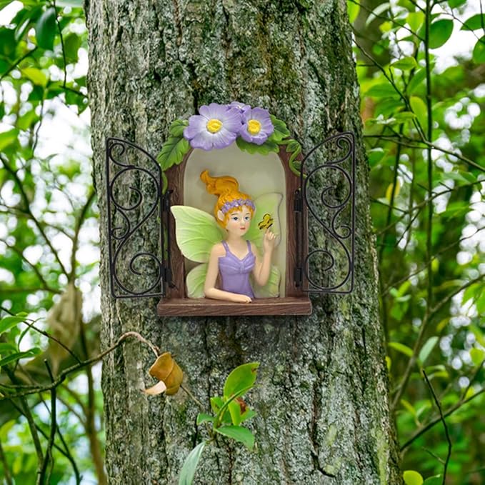 JARPSIRY Fairy Out The Window Tree Hugger Garden Statue, Glow in The Dark Resin Fairy Figurine Wall Art Sculpture Outdoor Tree Faces Decor for Patio Lawn Yard Ornaments (Green)